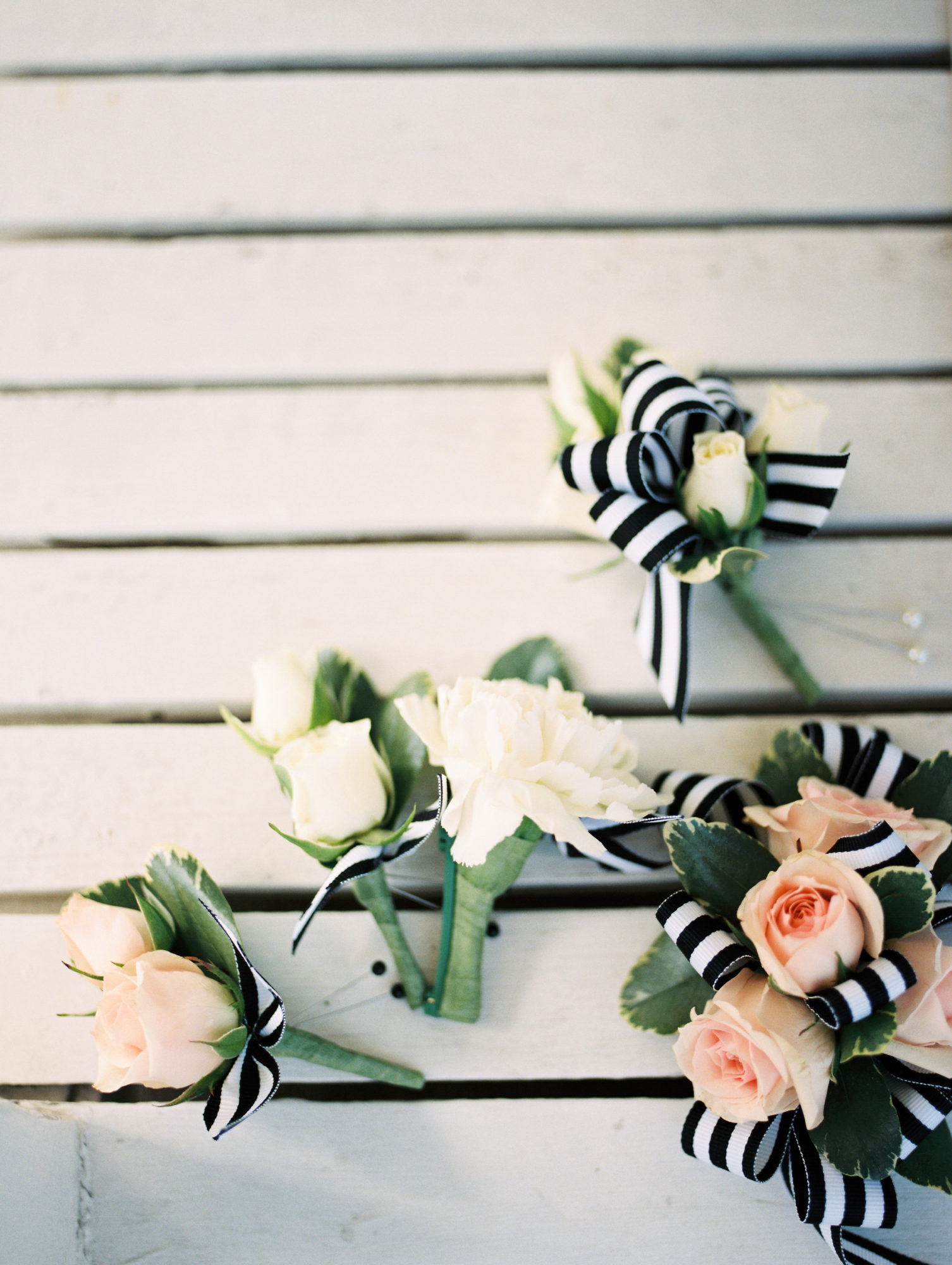 pink and white boutonnieres with black and white ribbon by Saint Charles, Illinois florist